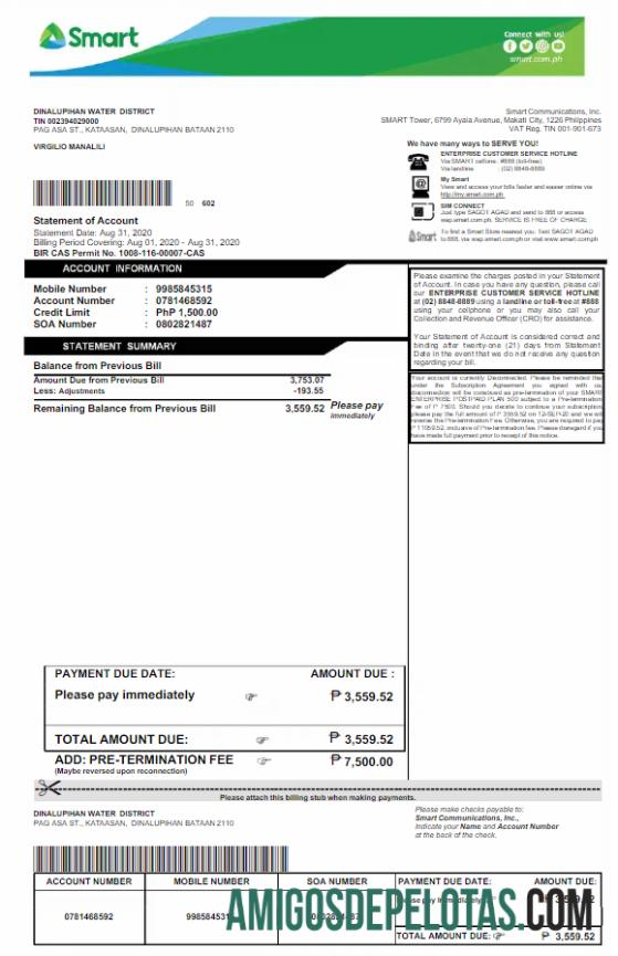 realista FILIPPINES SMART Utility Bill Word e modelo PDF